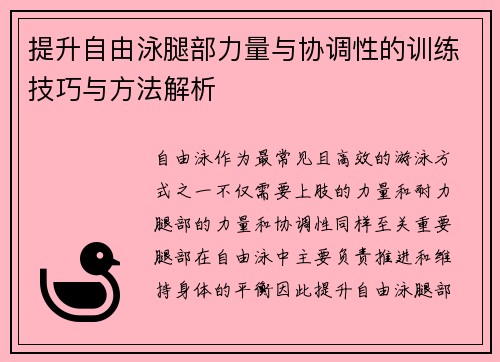 提升自由泳腿部力量与协调性的训练技巧与方法解析